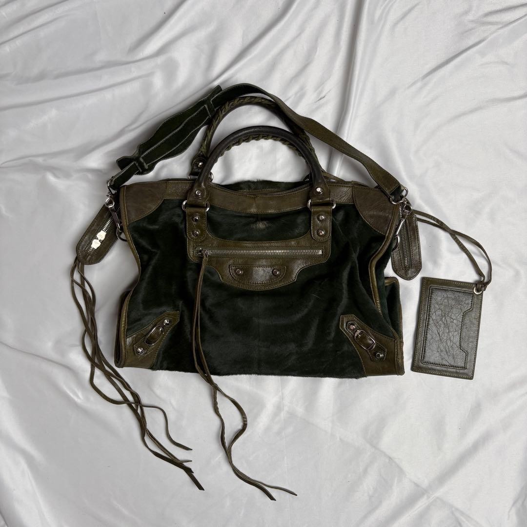 Rare BALENCIAGA THE CITY pony hair Dark Green Handbag Shoulder Bag Y2K Leather