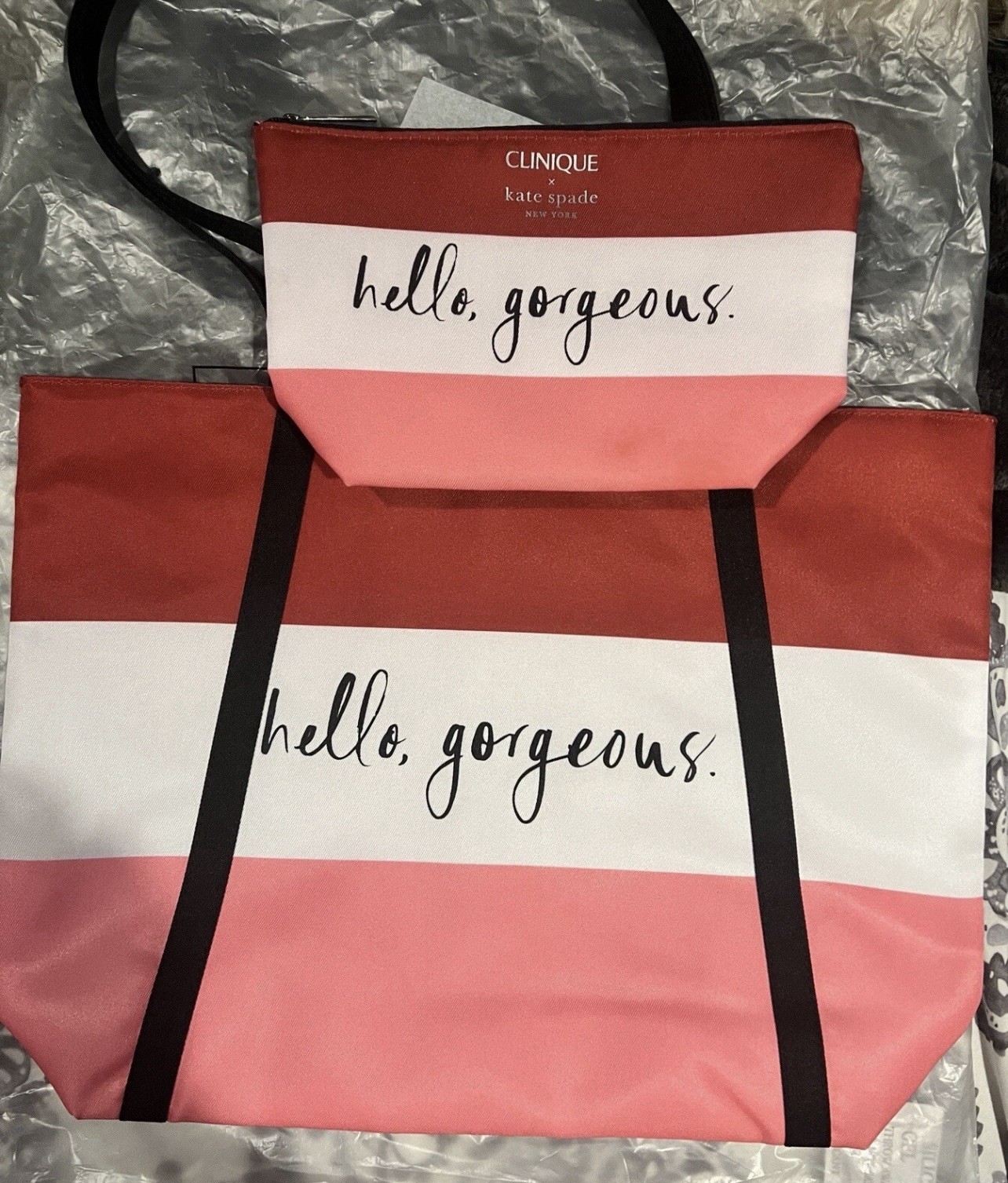 Clinique & Kate Spade HELLO GORGEOUS Tote w/ Pouch & Makeup Gift Set NEW