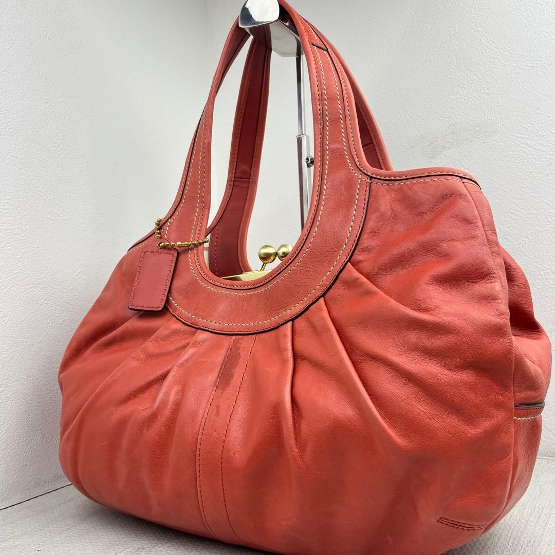 Coach Ergo Red Leather Pleated Kisslock Handbag Japan Used 075191