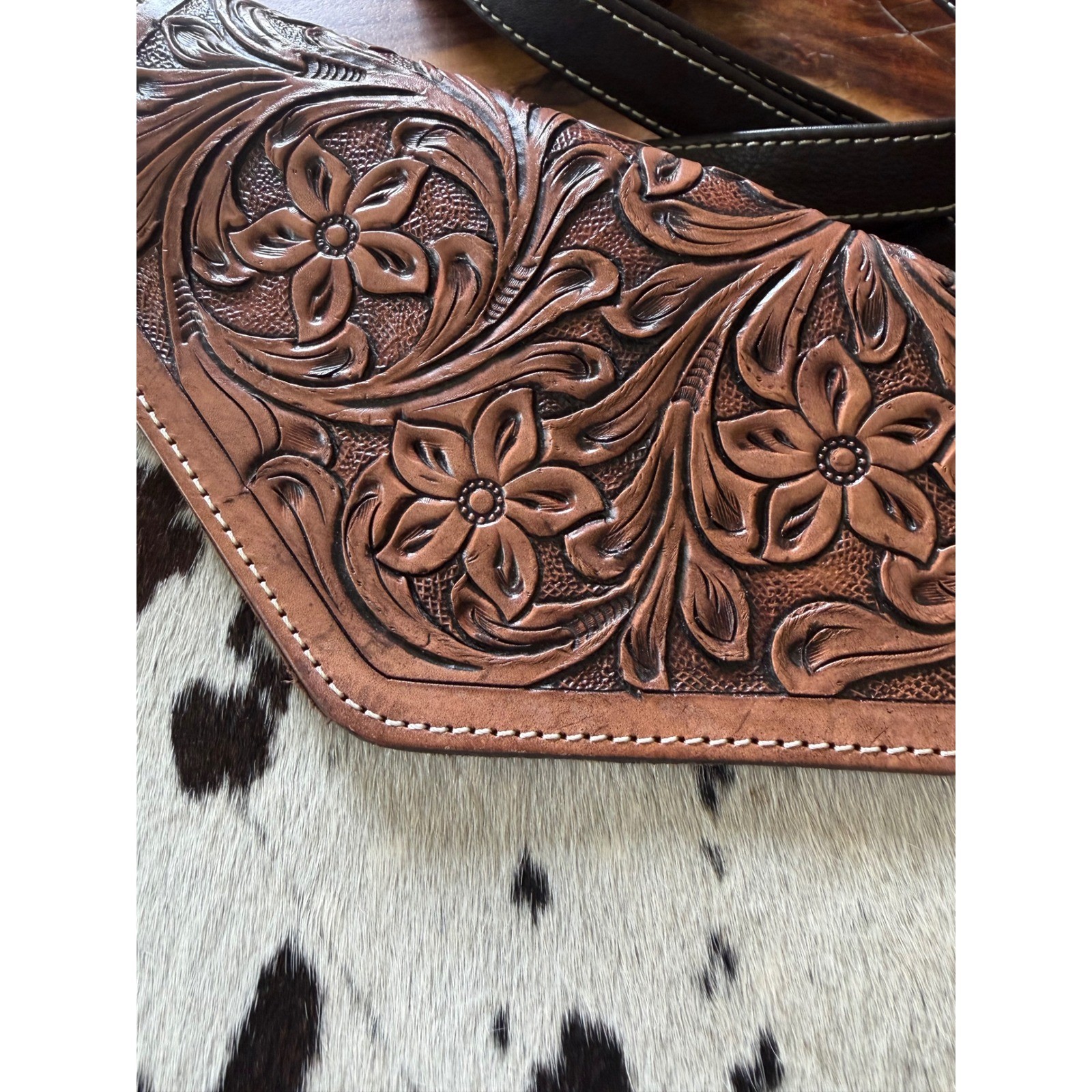 Western Cowhide Tooled Floral Leather Crossbody Bag Brown White Handbag