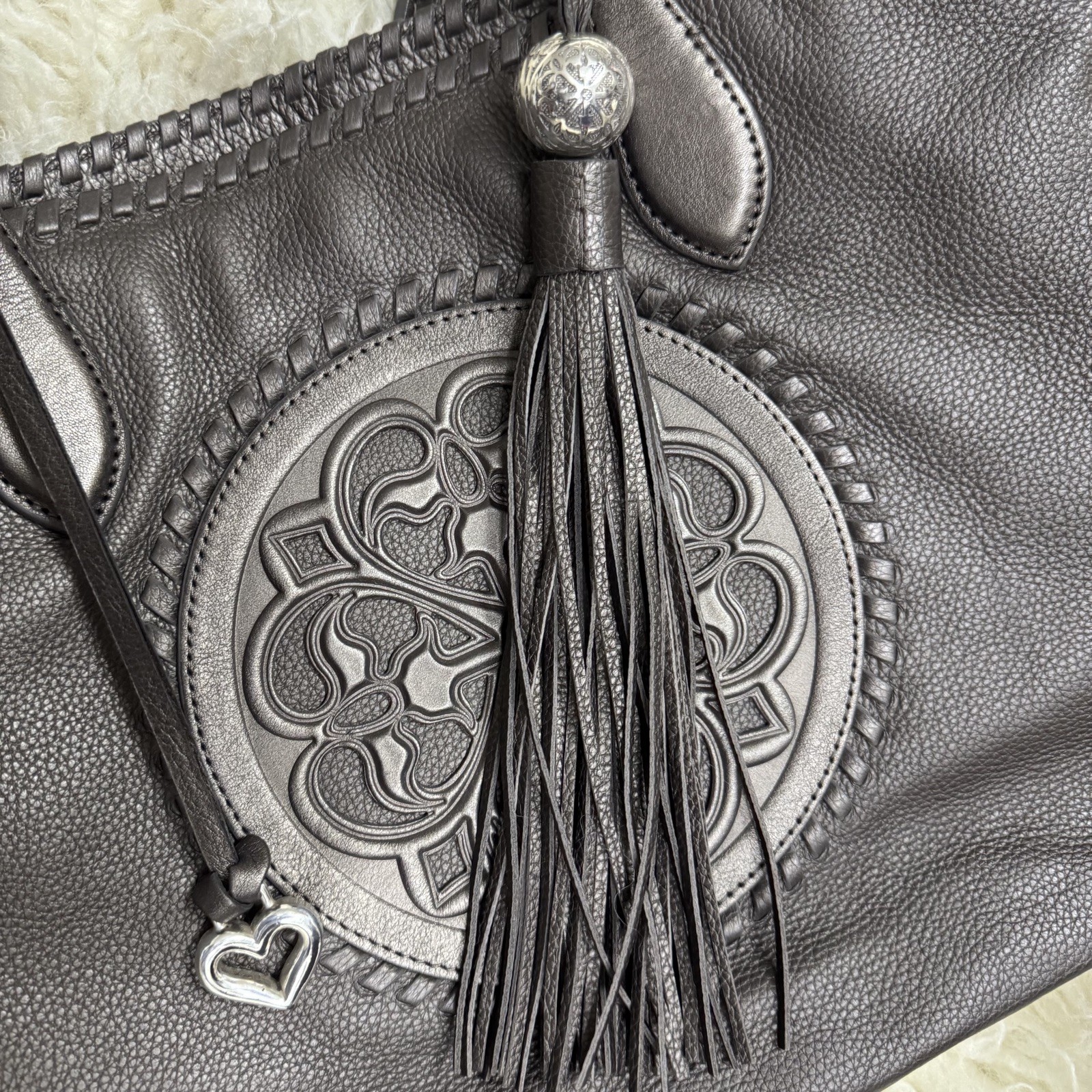BRIGHTON FERRARA COLLECTION PEWTER GABRIELLA MEDALLION TASSELED TOTE PURSE