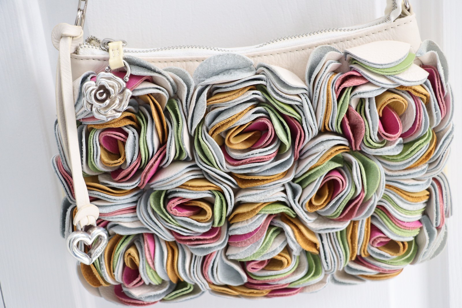 Brighton Masterpiece Collection 3D Leather Cream & Multicolor Floral Handbag