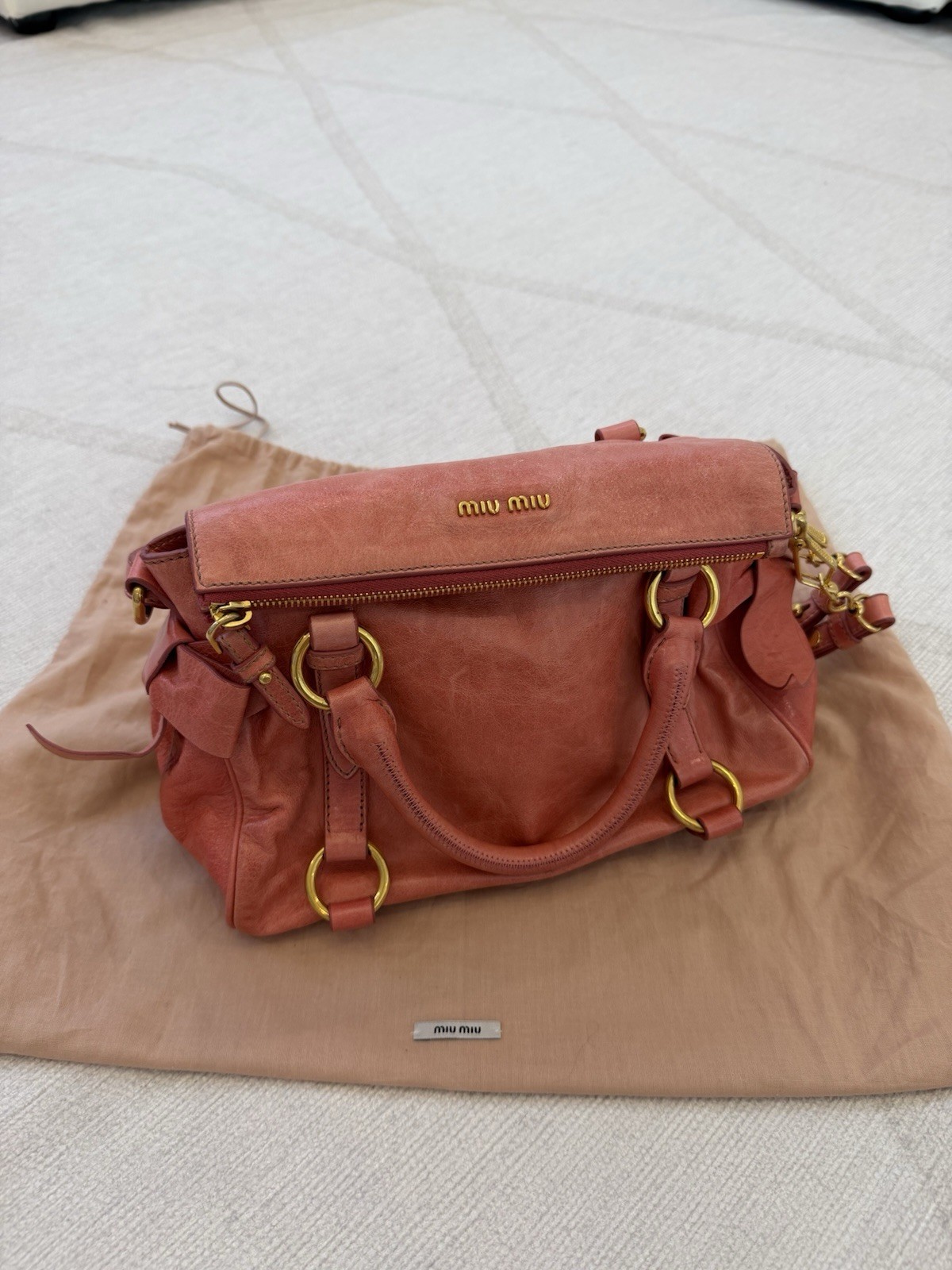 Miu Miu Pink Satchel Top Handle Zip Closure Bow Gold Hardware Strap Dust Bag