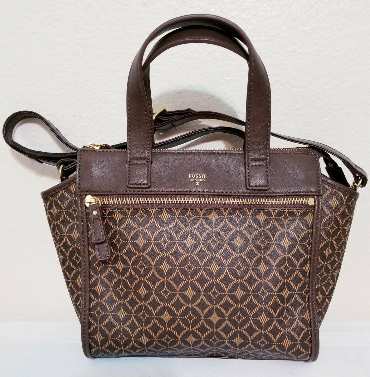 FOSSIL Geometric Print COATED CANVAS TRIM BROWN SATCHEL SHOULDER BAG HANDBAG