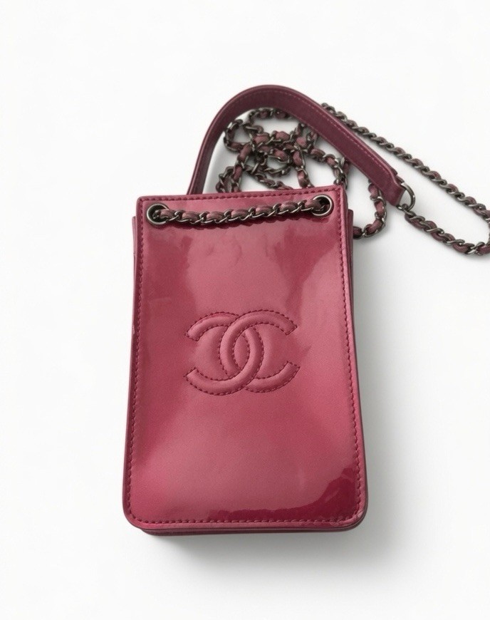 CHANEL Pink CC Logo Phone Holder Crossbody Bag Chain Strap Silver Hardware