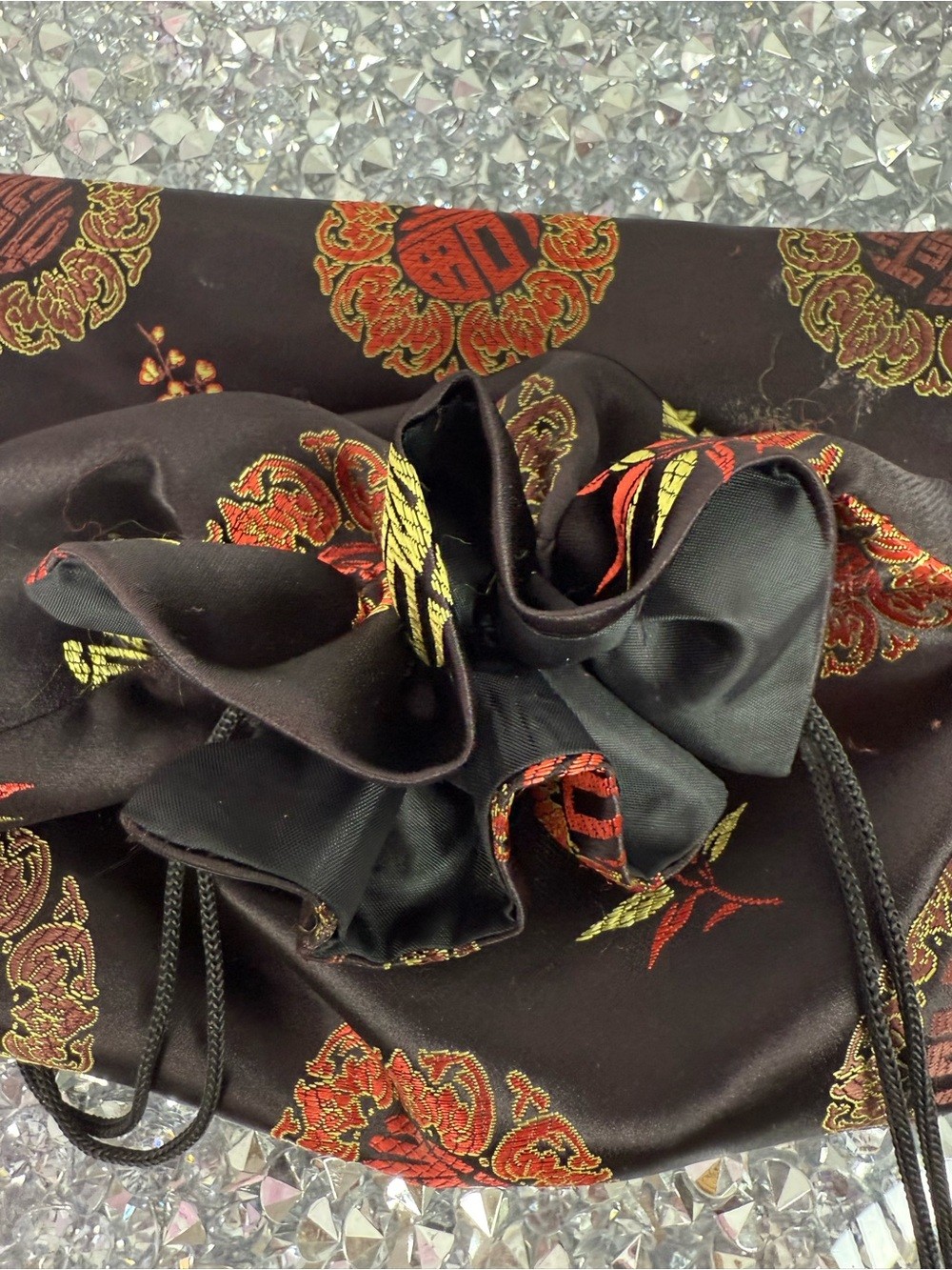 Tie bag Black Satin Mini Bag with Red and Gold Oriental Motif