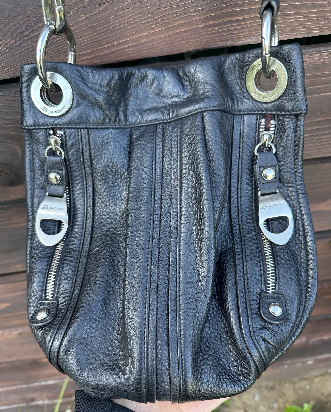 B.Makowsky Black Metallic Pebble *Soft Leather Crossbody Chunky Silver Hardware