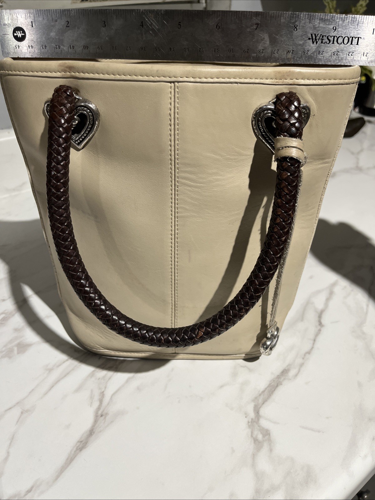 Brighton Leather Bucket Handbag Braided Straps Tote Bag Purse Heart Accents 51