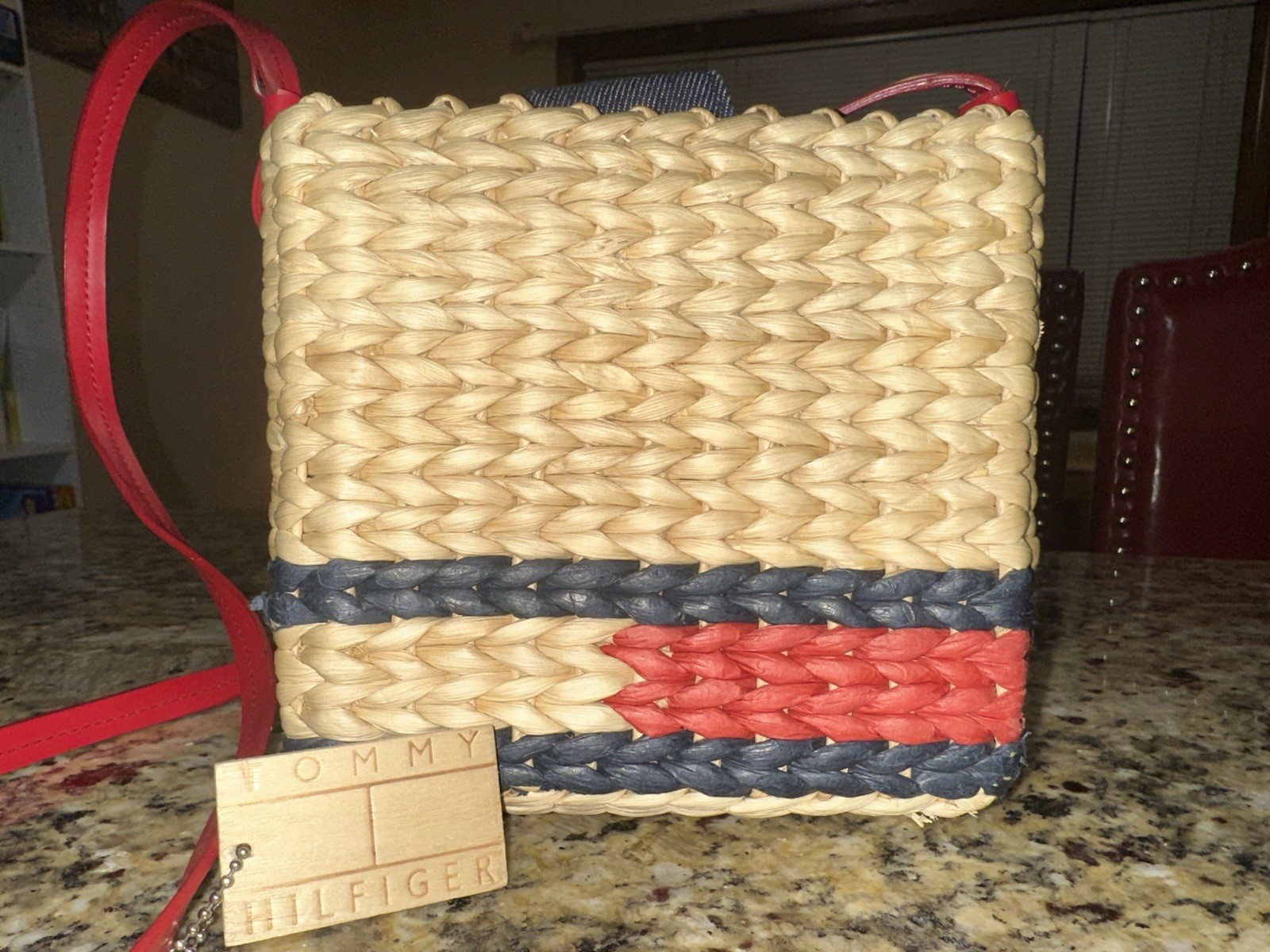 Tommy Hilfiger Small Woven Snap Crossbody Bag Lined Logo Beige Red Blue