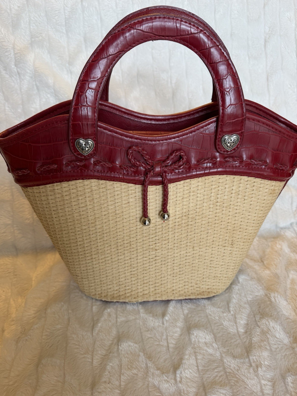 Womens Woven Straw Satchel Top Handle Bag Beige/Red Drawstring Bow Studs
