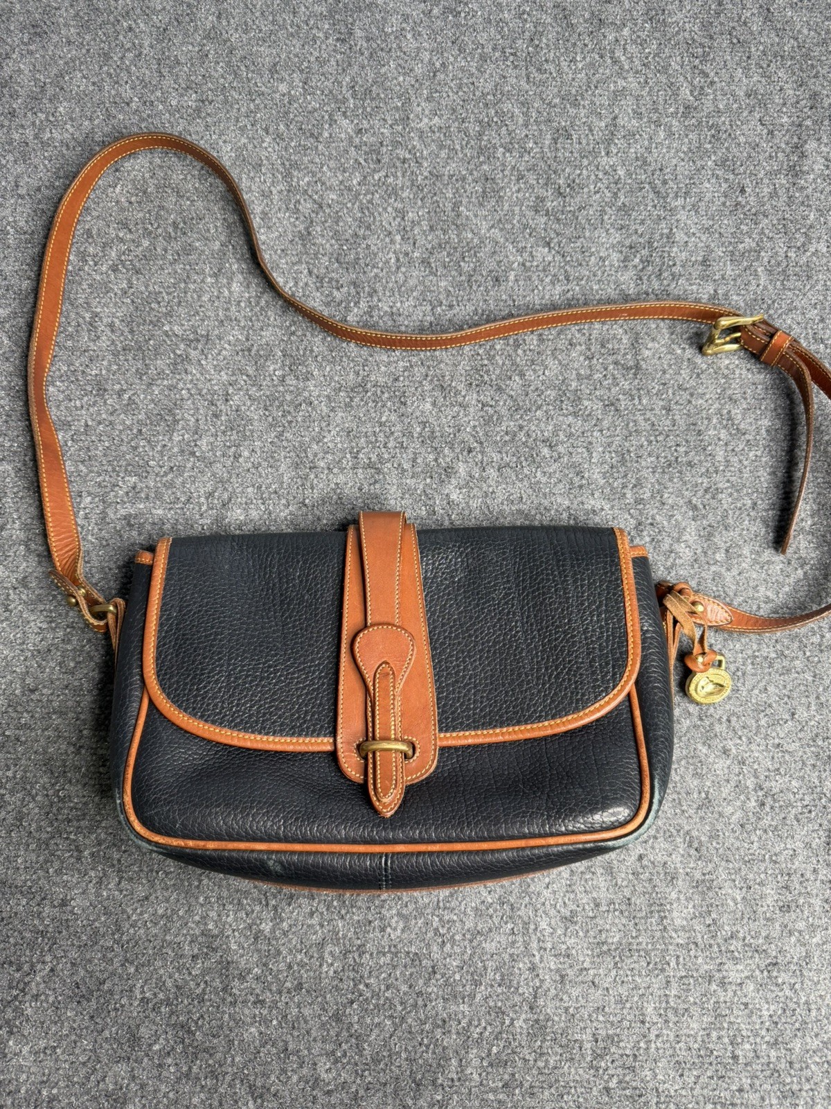 Dooney & Bourke Vintage Navy Blue and Tan Leather Equestrian USA Crossbody Bag
