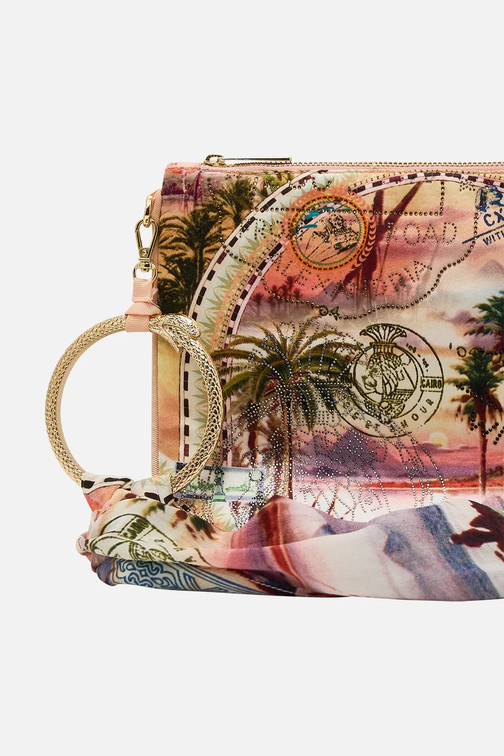 NWT Camilla “Millas Got Mail” Egypt motif silk ring scarf clutch wristlet bag