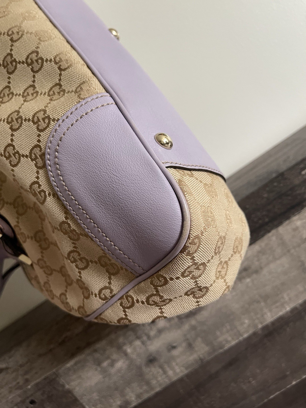 Gucci GG Supreme Canvas Princy Tote with Lilac leather trim and bow