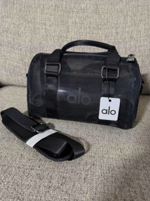 Alo Yoga Mini Sheer Duffle Bag Black Mesh Tote Lightweight Gym Travel Handbag