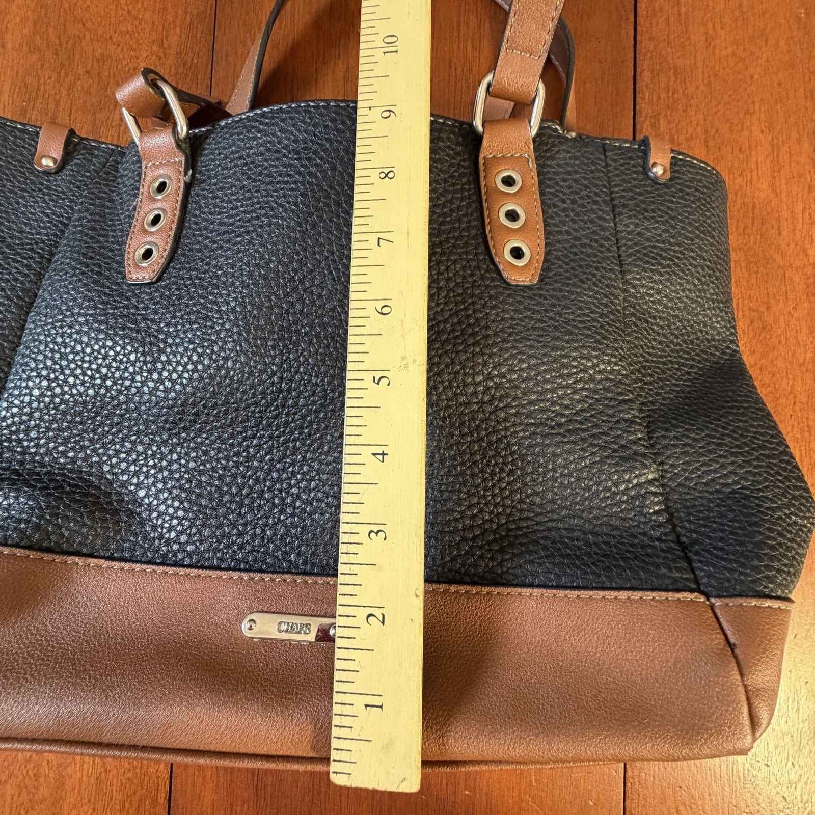 Chaps Women’s Black Pebbled Tote Bag with Brown Trim Shoulder Minimalist Chic