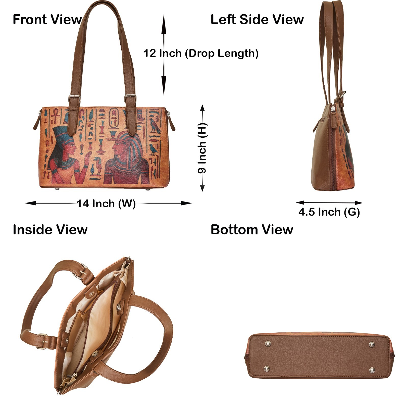 Egyptian Printed Vegan Leather Shoulder Tote Bag for Women – Ladies Top Handle