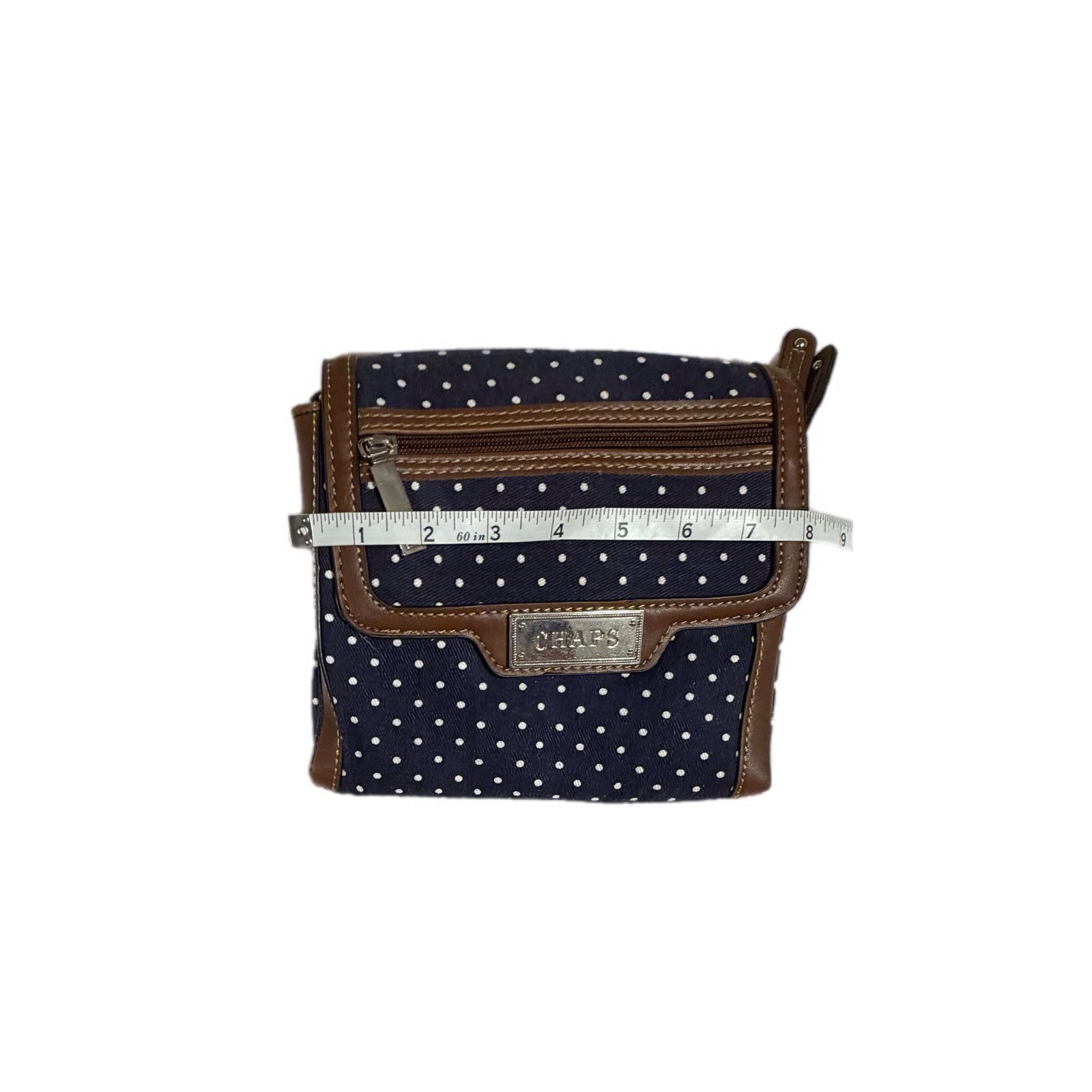 Chaps Navy Blue Polka Dot Crossbody Bag Brown Trim Canvas Small Messenger Purse