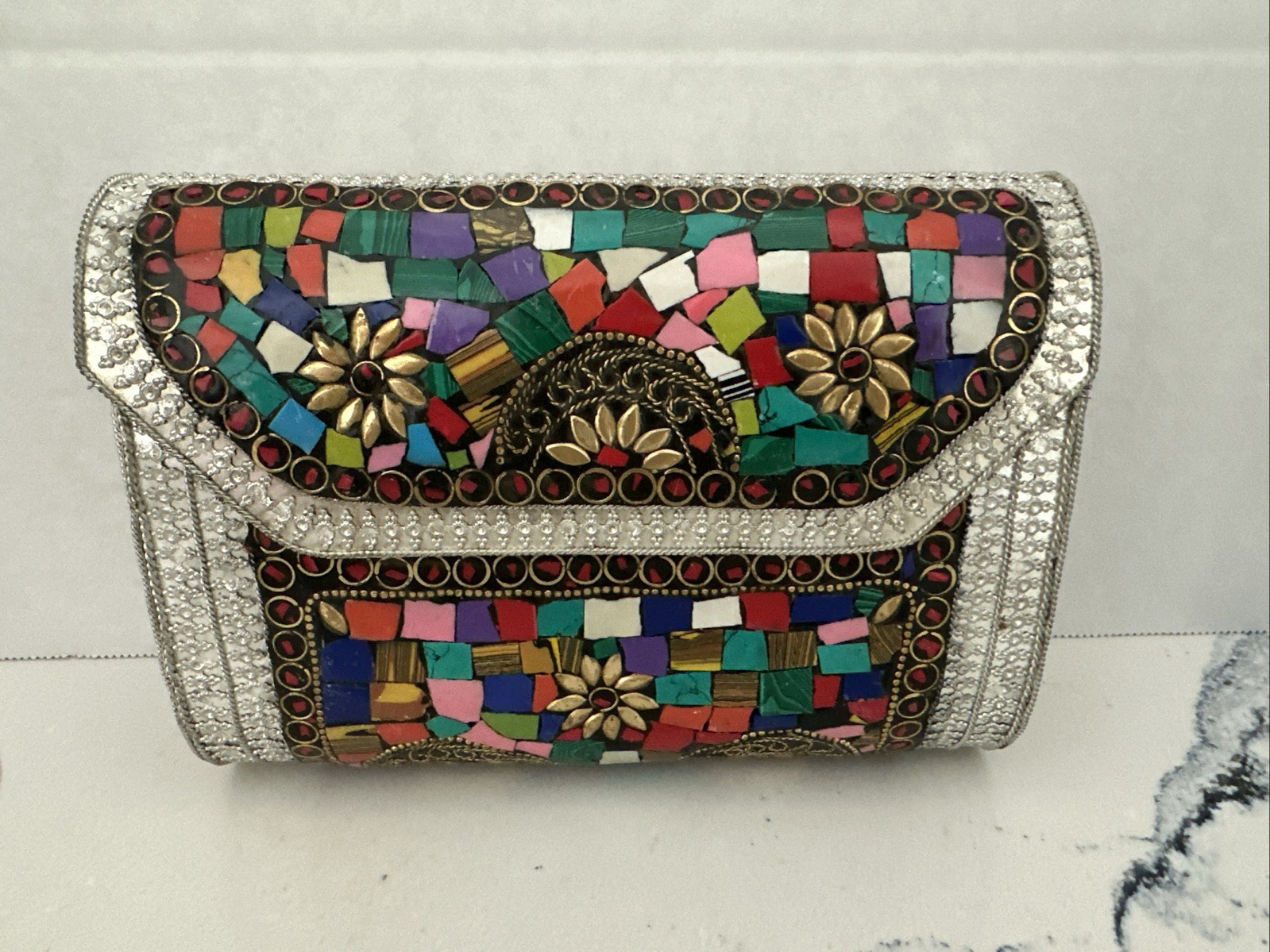 Mosaic Metal Crossbody Handbag Women Bohemian Floral Pattern
