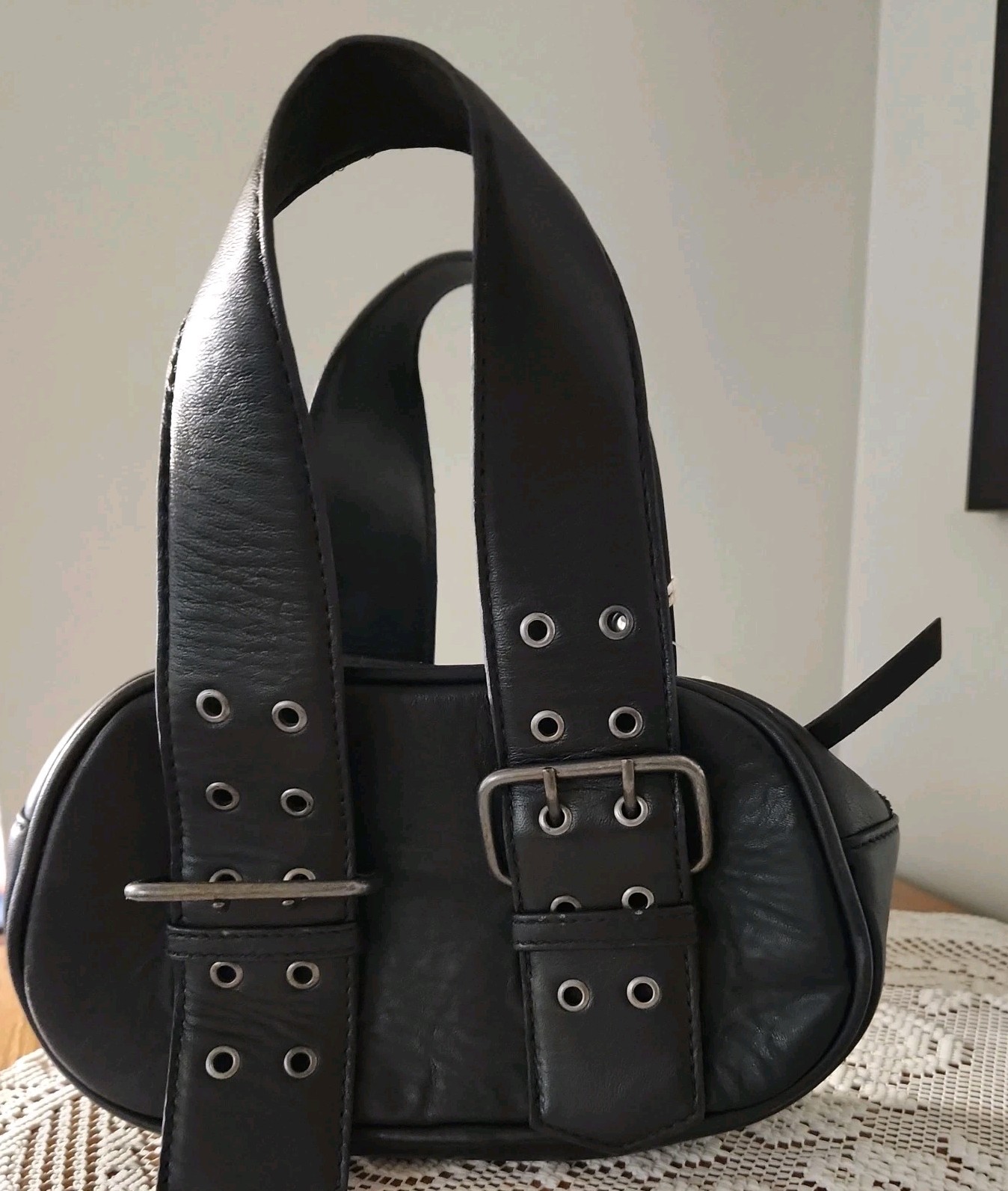 Free People Say Yes Bag Tote Handbag / Small Oval Black Leather Buckles Zipper