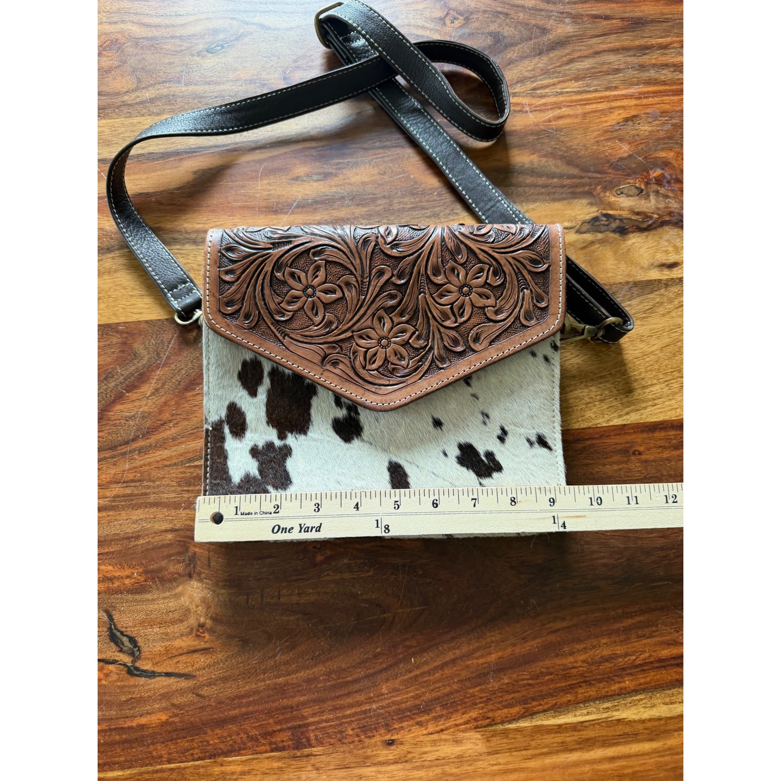 Western Cowhide Tooled Floral Leather Crossbody Bag Brown White Handbag