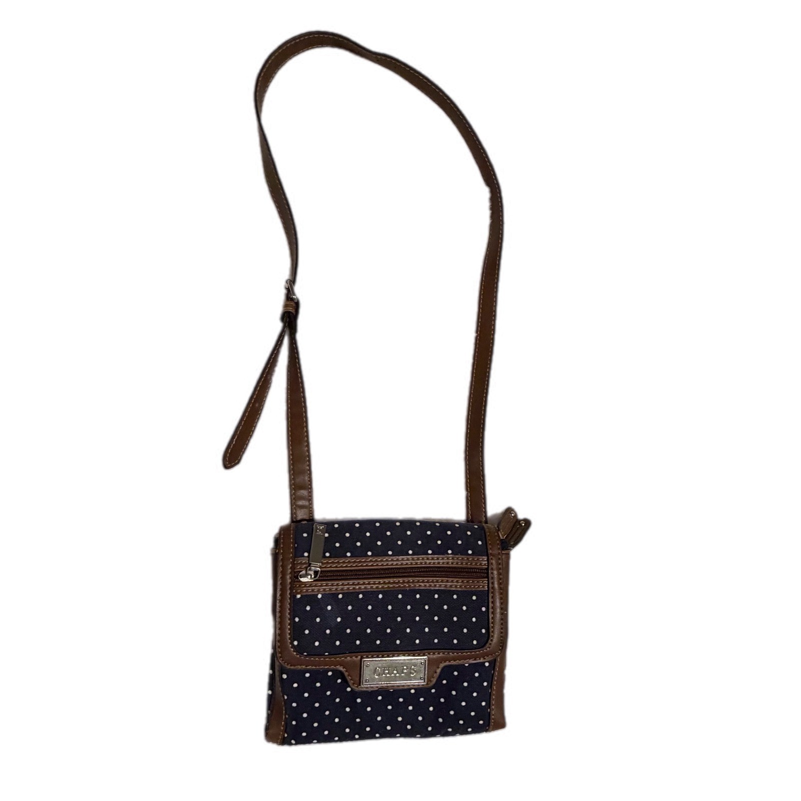 Chaps Navy Blue Polka Dot Crossbody Bag Brown Trim Canvas Small Messenger Purse