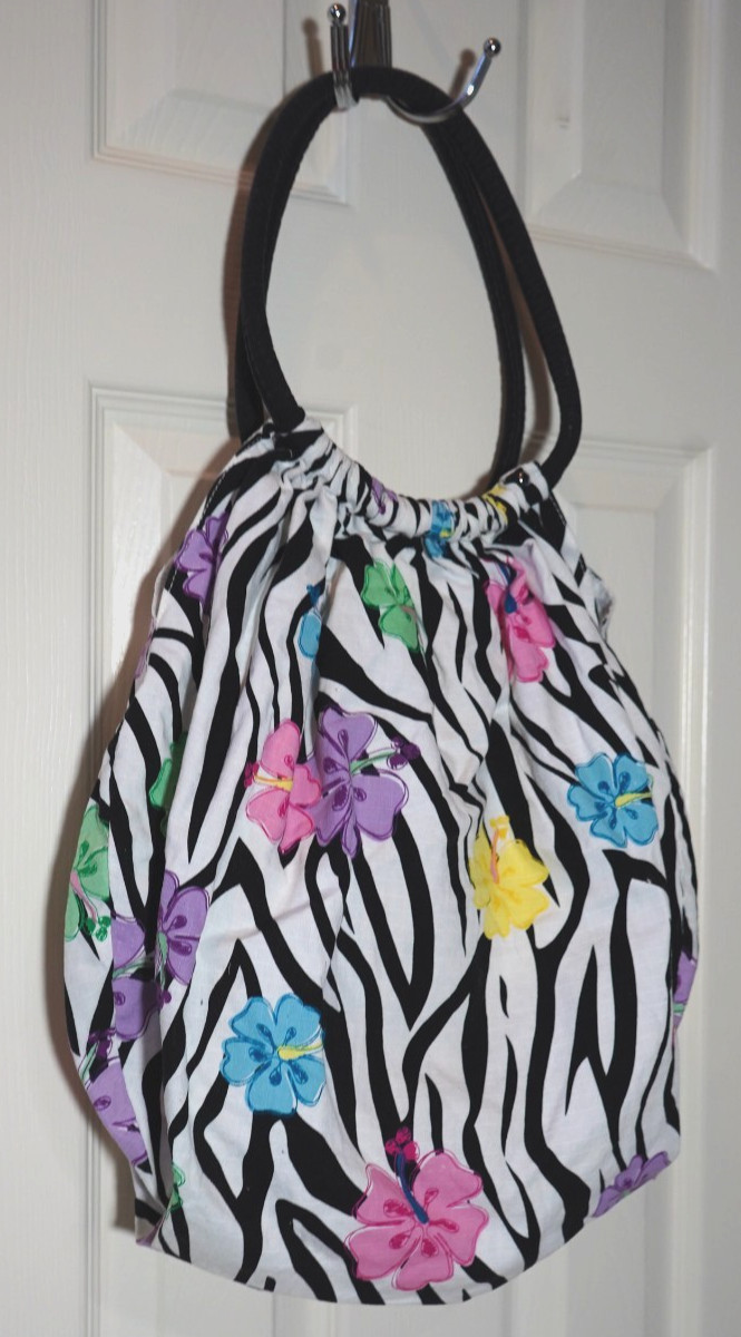 Zebra Stripe Floral Hibiscus Poufy Tote Bag No closure Flaw 14″ x 10″ x 4″
