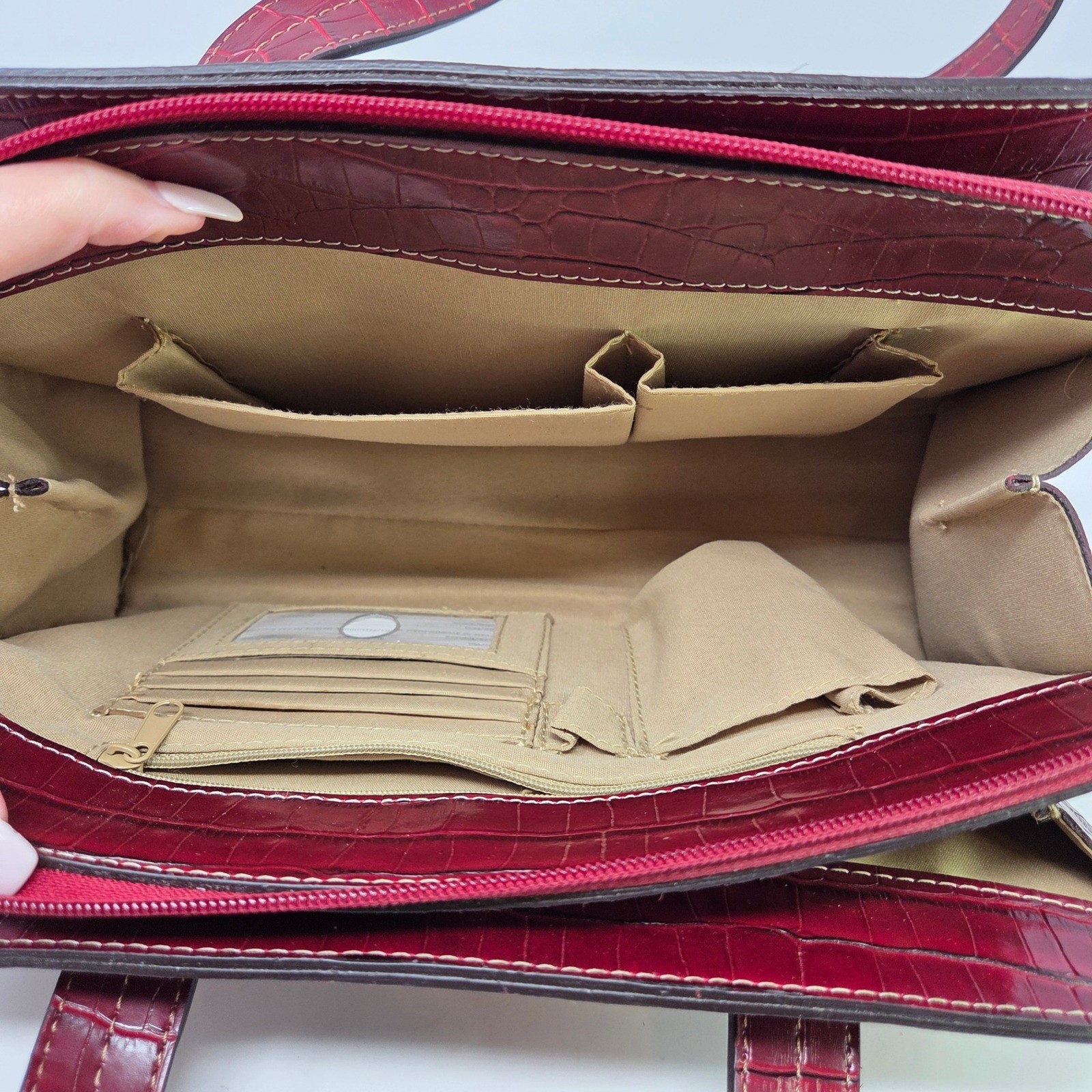 Crazy Horse Liz Claiborne Burgundy Croc Embossed Triple Compartment Shoulder Bag