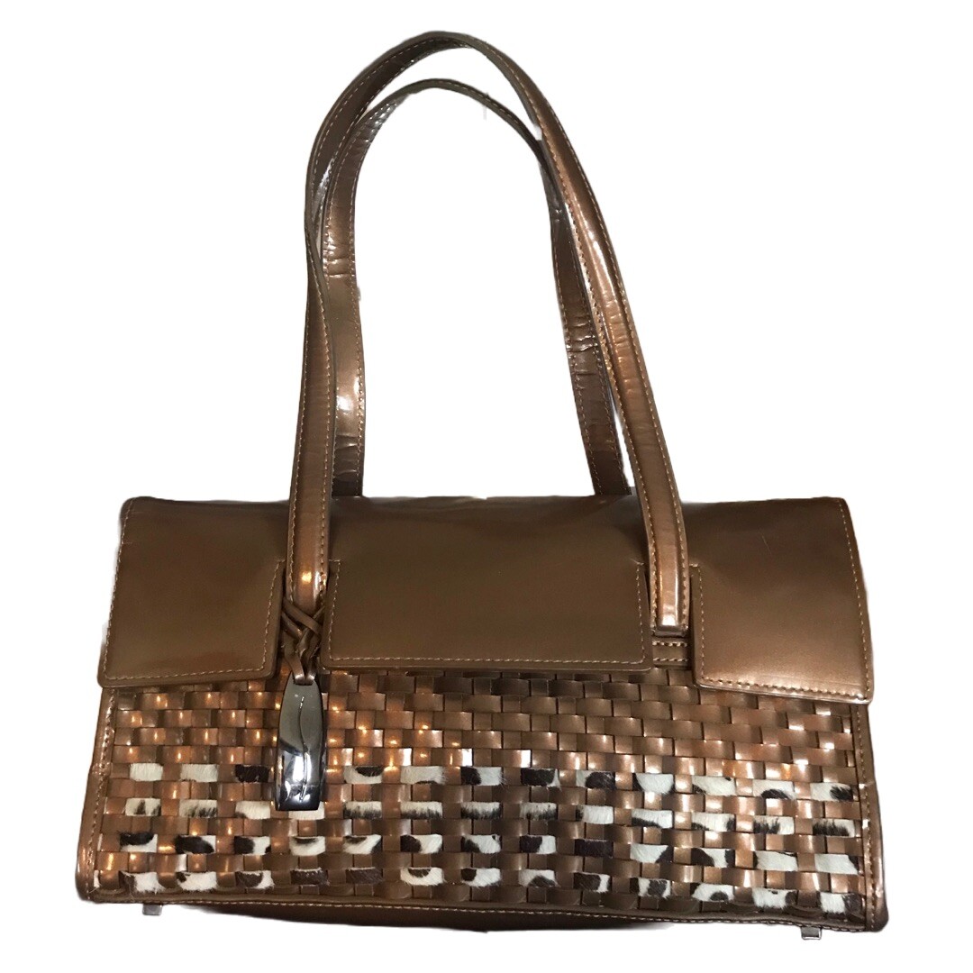 WOMEN’S IMPULSE BY SHARIF BRONZE PATENT LEATHER BASKET WEAVE WITH CALF HAIR BAG