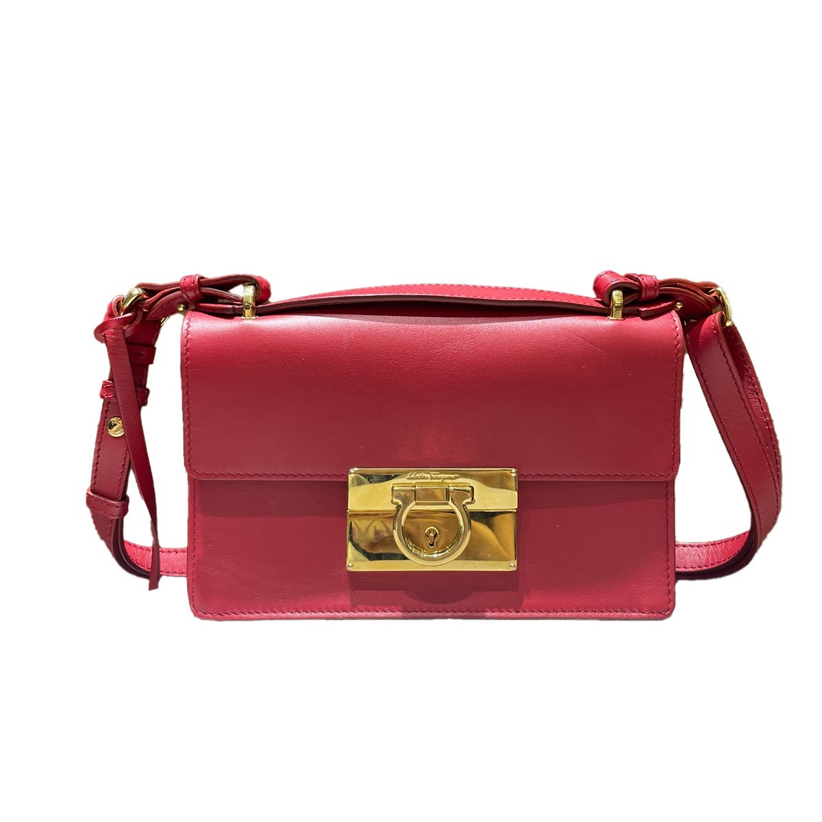 Authentic Ferragamo Gancini Messenger Bag in Red Leather Gold Hardware AG