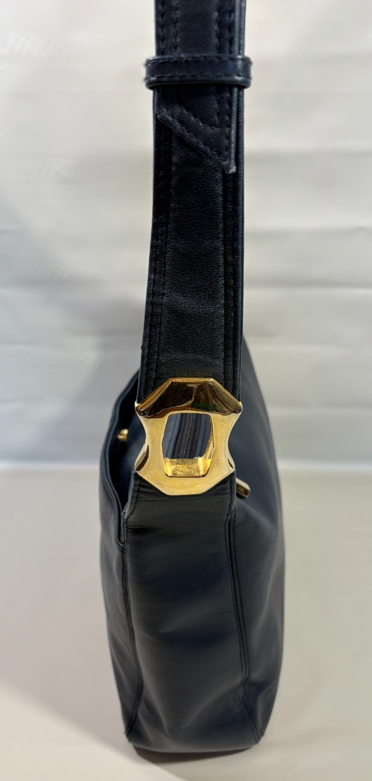 Vintage Coletta Navy Blue Leather Purse Chunky Gold Tone Metal Hardware