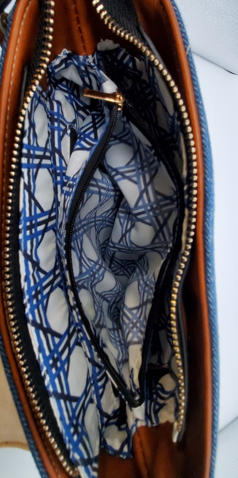 Coco + Carmen Women’s Handbag Blue And White With Brown Straps Crossbody Bag