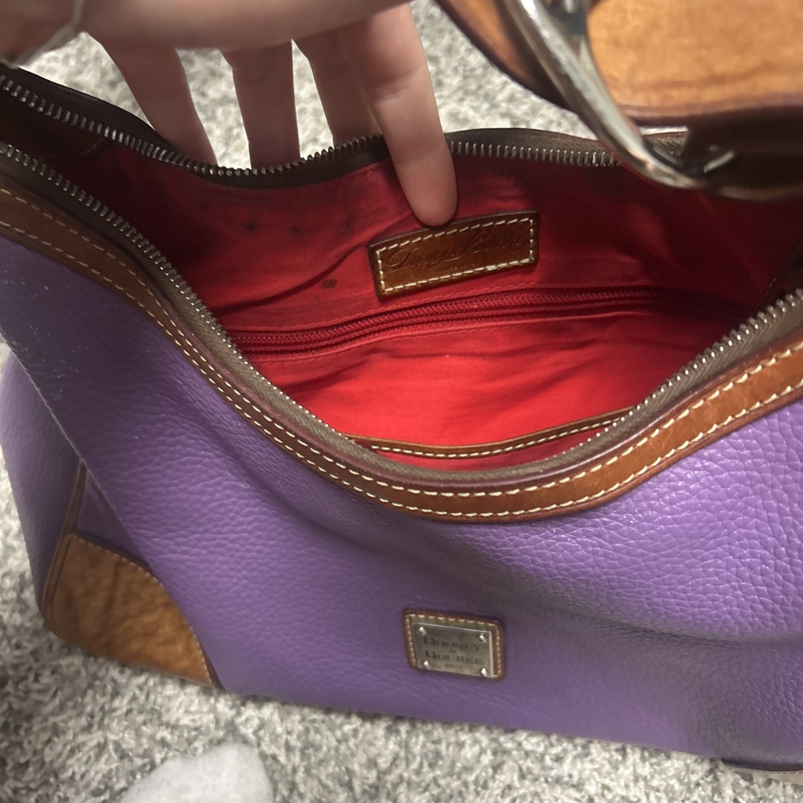 Dooney & Bourke Pebbled Leather Shoulder Bag Purple Brown Stitching Logo Zip