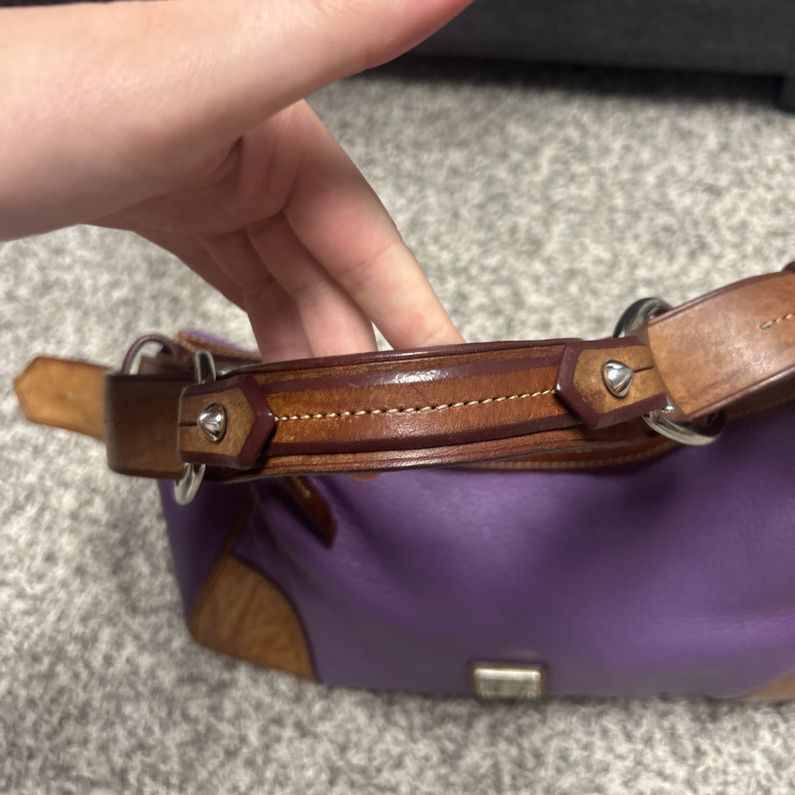 Dooney & Bourke Pebbled Leather Shoulder Bag Purple Brown Stitching Logo Zip