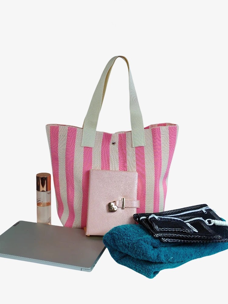 Women Knitted Tote Bag Vertical Stripes Shoulder Bag