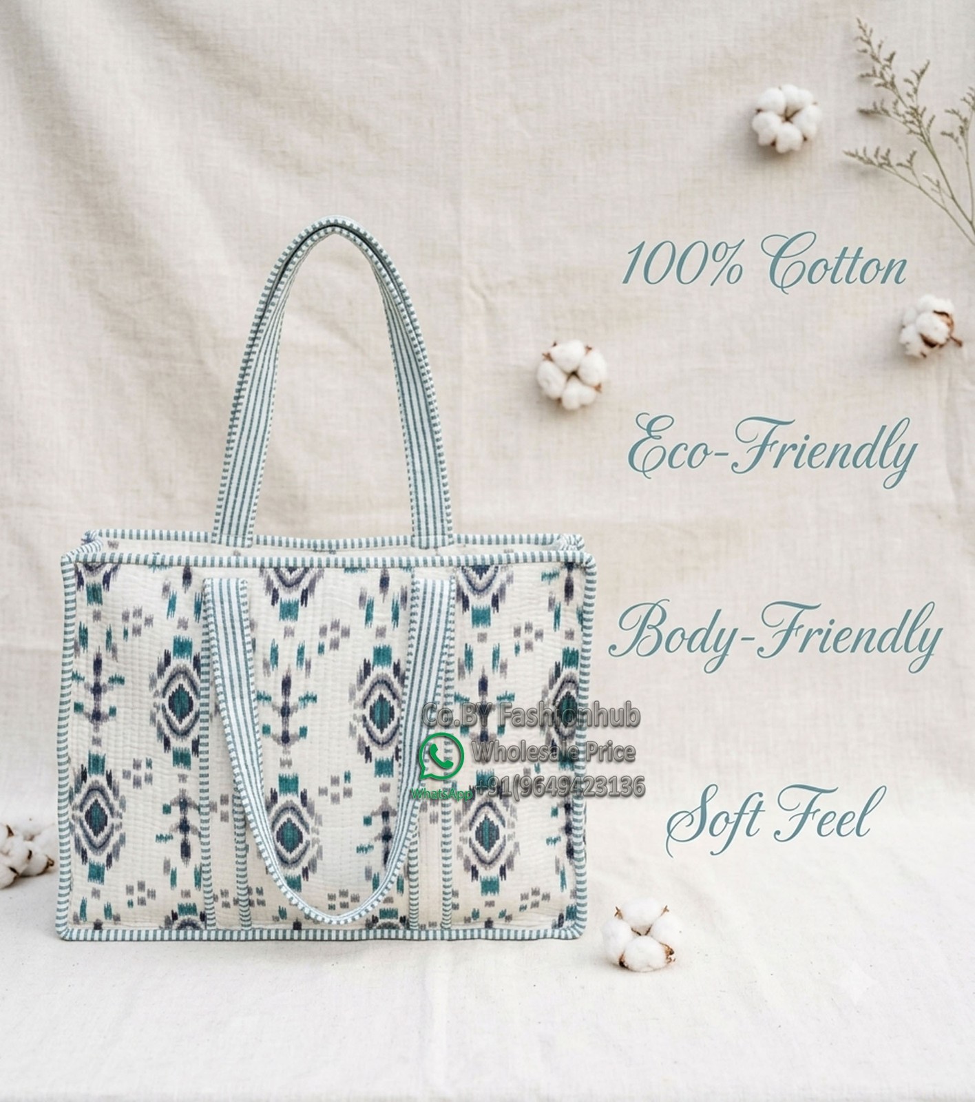 Handmade Eco-Friendly Quilted Cotton Market Bag Beach Tote Bag hand block bag