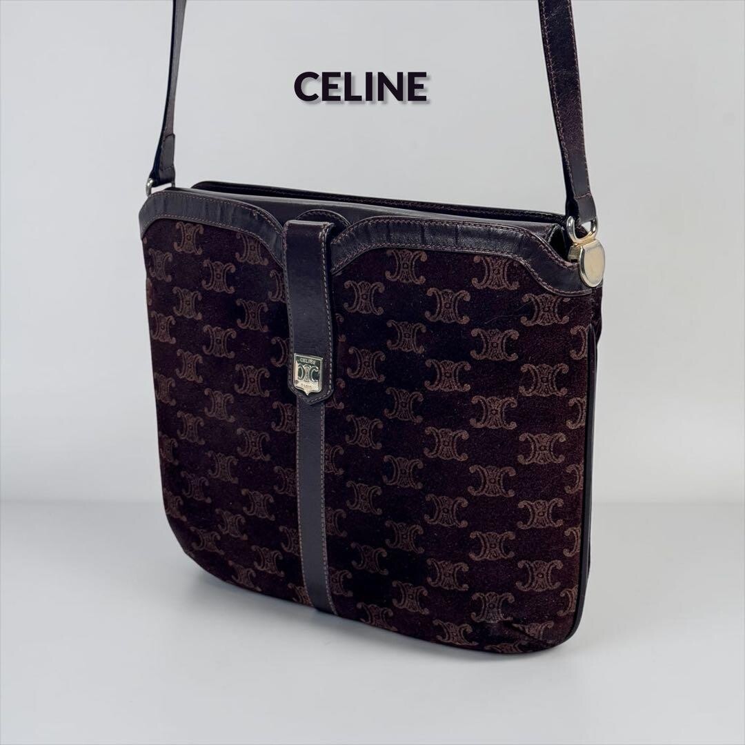 CELINE Triomphe Macadam Suede Leather Shoulder Bag Dark Brown Vintage Auth