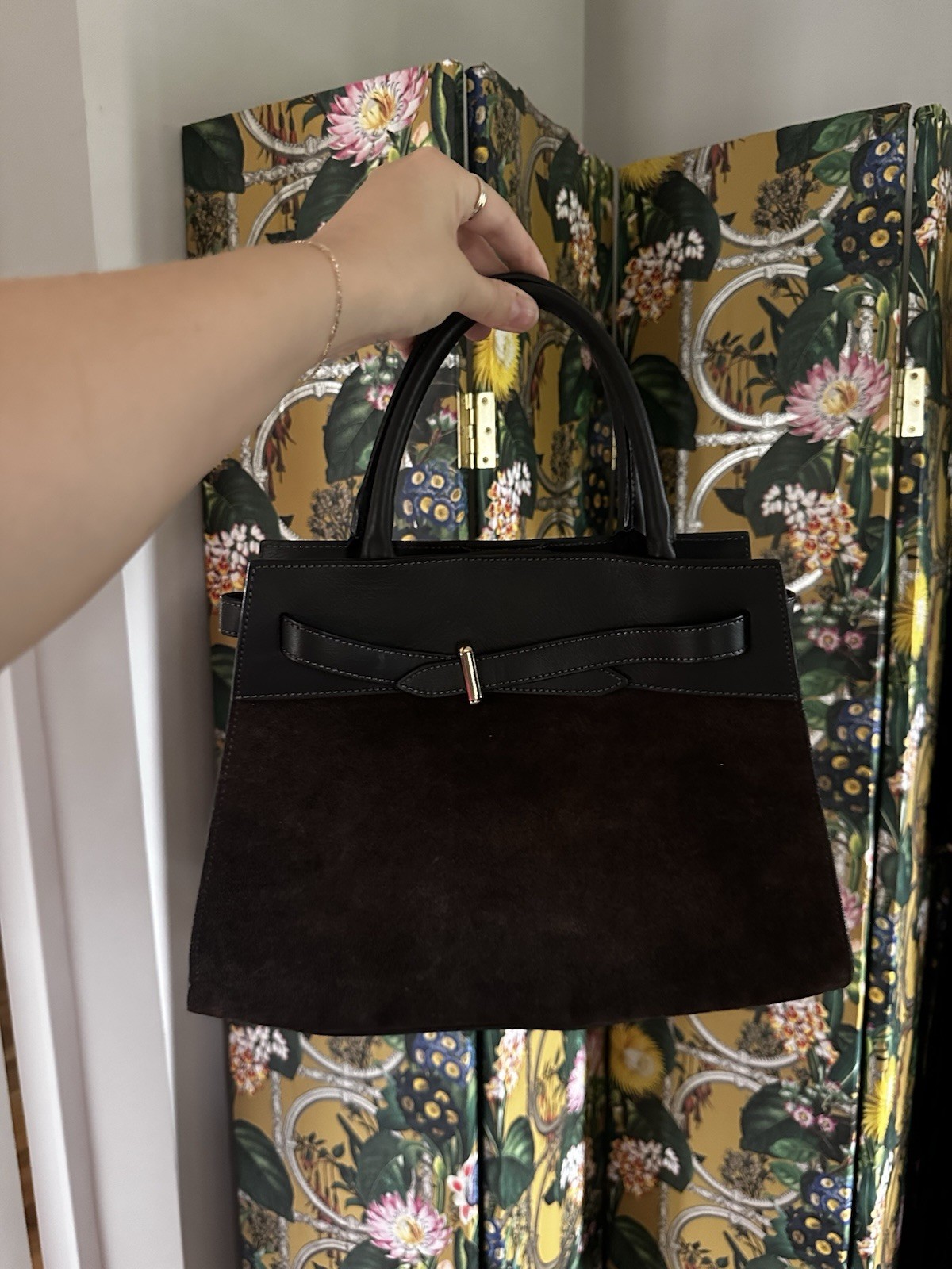 Classic Black & Dark Brown Suede Top-Handle Bag Italian Leather