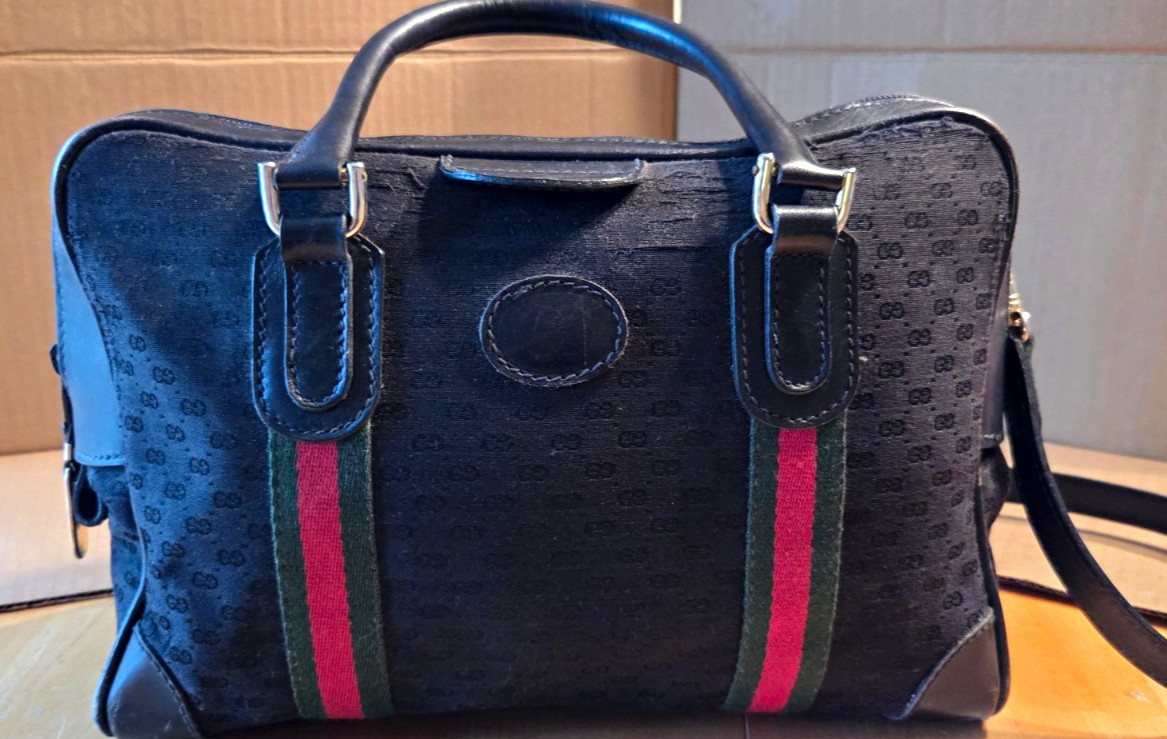 Gucci Black Monogram Web Stripe Top Handle Satchel Bag Zip w/ Detachable Strap