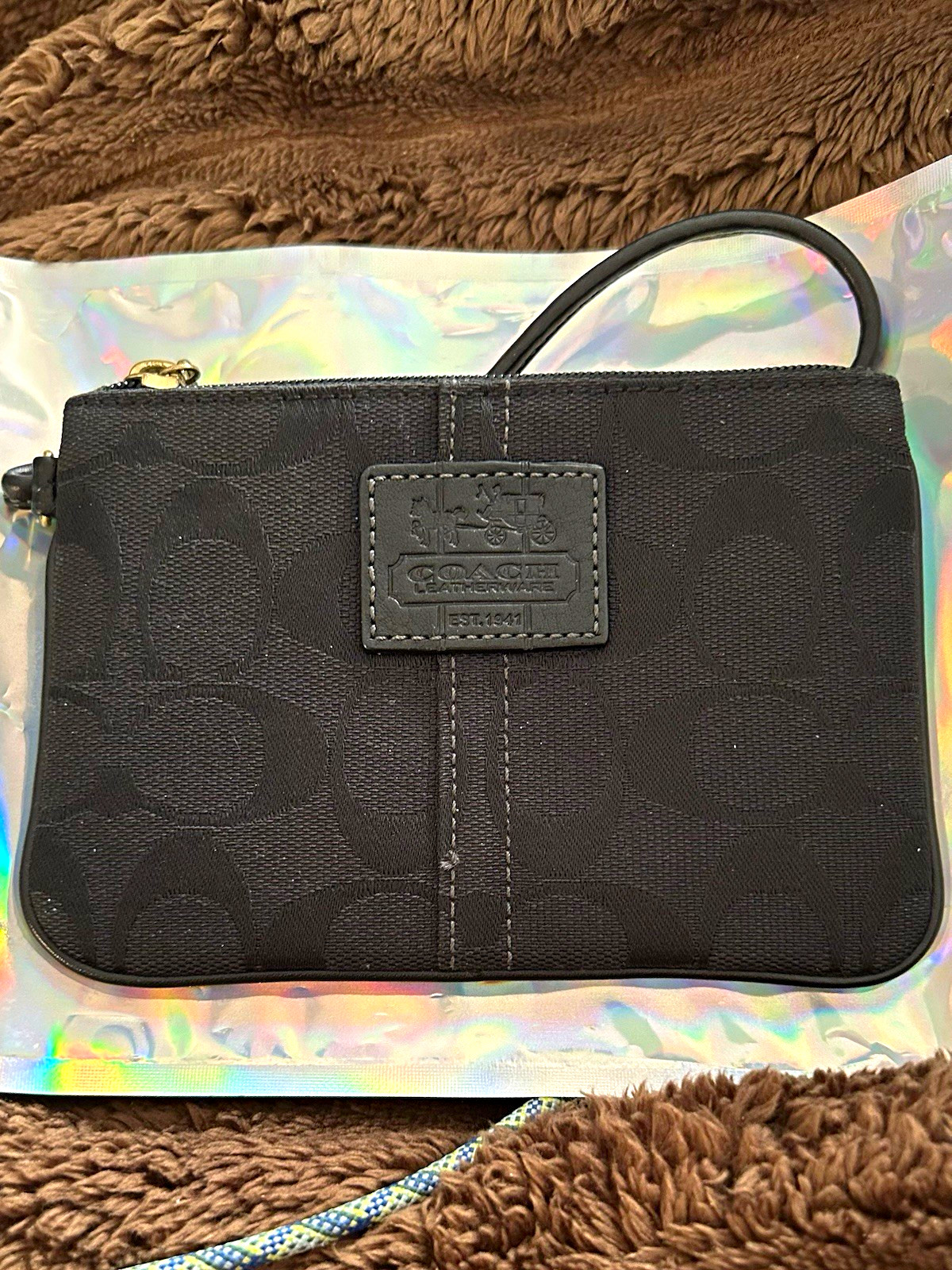 Coach Black Signature Logo Zip Wristlet Pouch with Wrist Strap, Gold Hardware