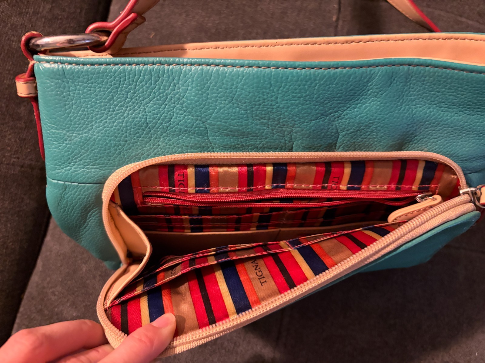 Women’s Leather Tignanello Crossbody Bag Organizer Turquoise Teal Beige