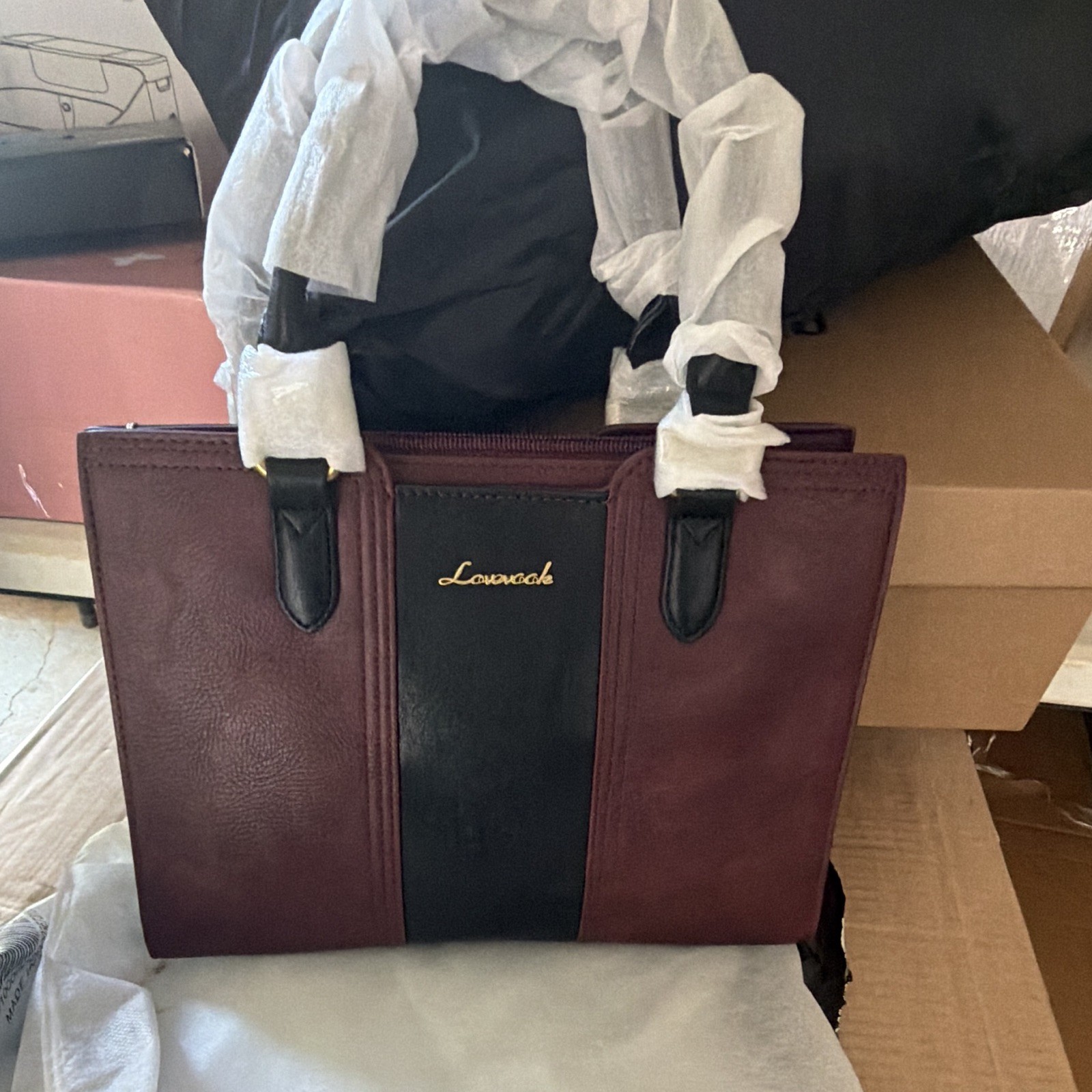 LOVEVOOK Colorblock Tote Handbag Burgundy/Black Gold Zip Double Handles Pockets
