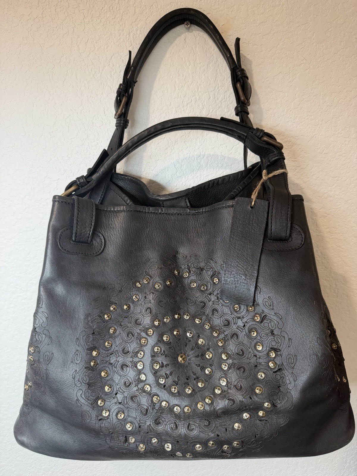 Platania Grained Leather Studded Floral Cut Out Slouch Top Handle Handbag