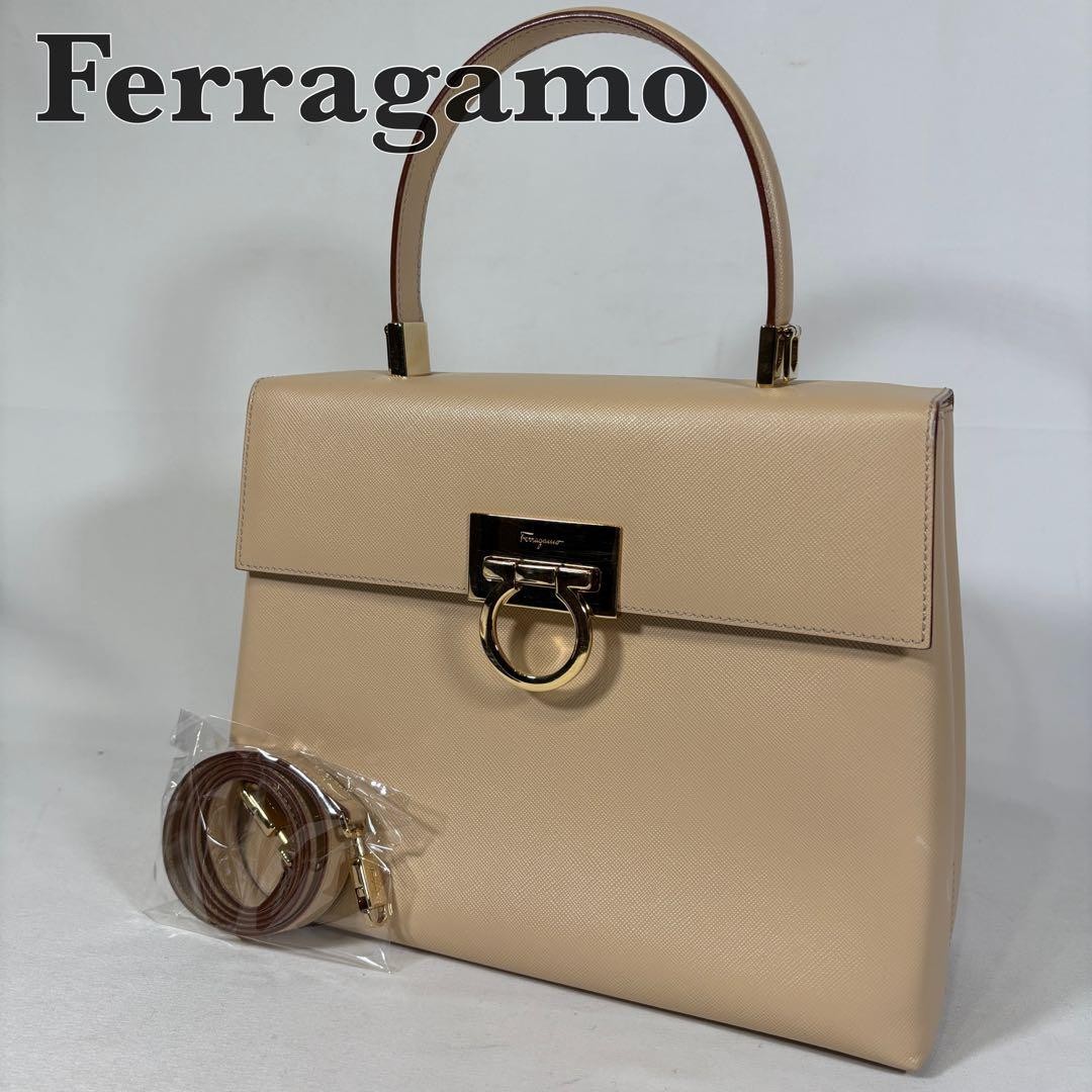 Salvatore Ferragamo Gancini Beige Leather 2Way Handbag with Gold Hardware