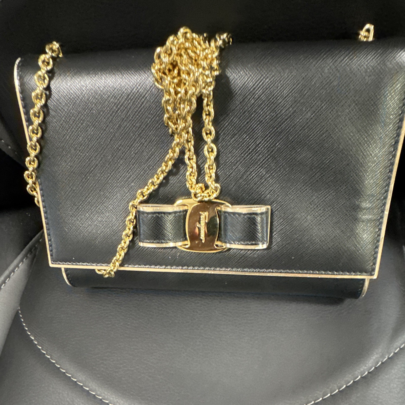 Salvatore Ferragamo Black Small Shoulder Bag Gold Chain Strap Snap Buckle Accent