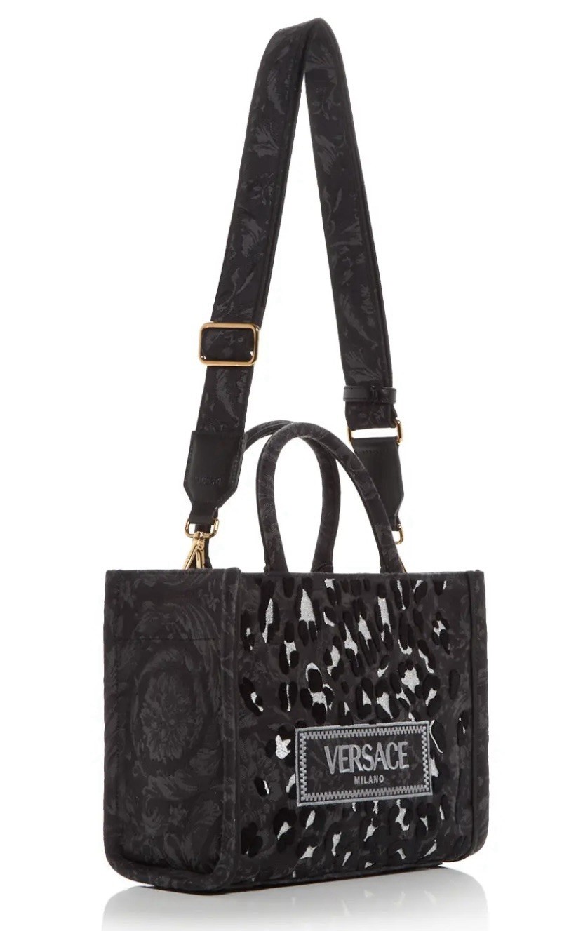 Versace Small Tote Lurex Bag Black Jacquard Leopard Print Fabric $2375 Retail.
