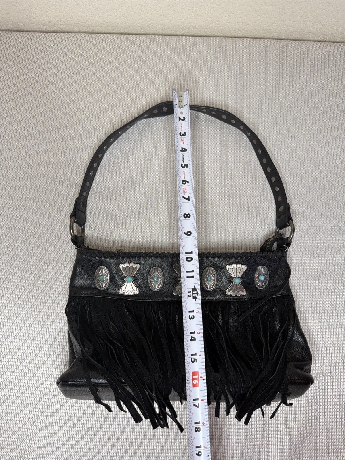 Shyanne Black Leather CCW Concealed Carry Fringe Purse Western Turquoise Concho