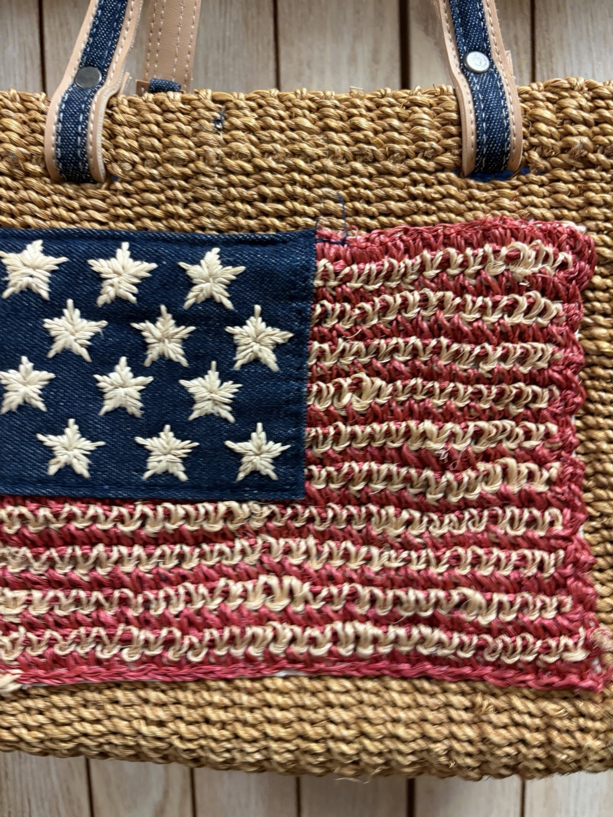 Q&A Straw Denim American Flag Handbag America USA Patriotic