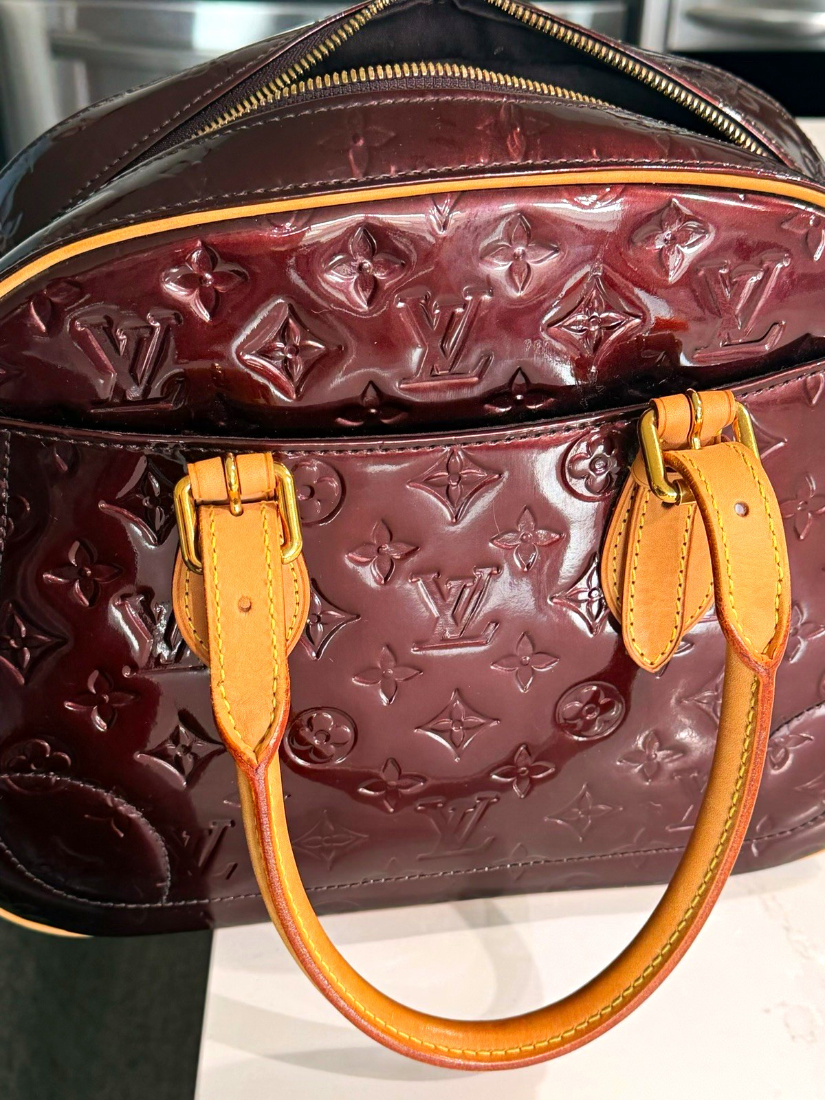 Louis Vuitton Monogram Vernis Patent Satchel Top Handle Burgundy Zip Gold