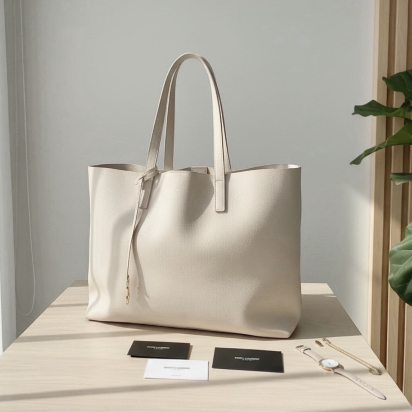 YSL / Yves Saint Laurent Beige Pink Gold Leather Shopping Tote Bag Purse – Large