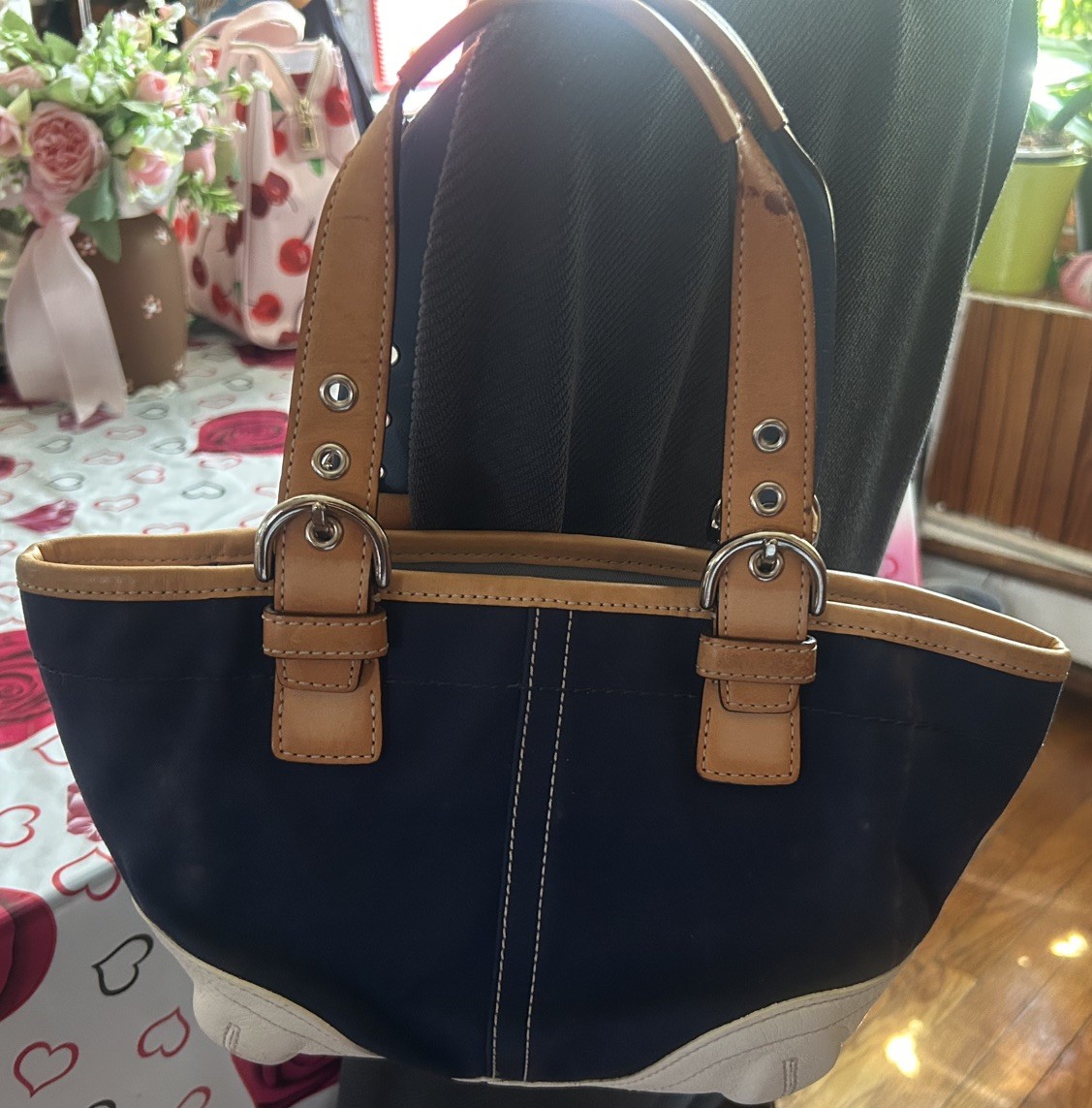 Vintage Authentic Coach bag Navy Blue White Beige Brown Wallet Shoulder Purse
